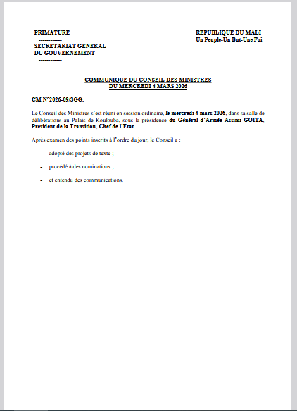 Communiqué  du Conseil des Ministres du mercredi 04 mars 2026