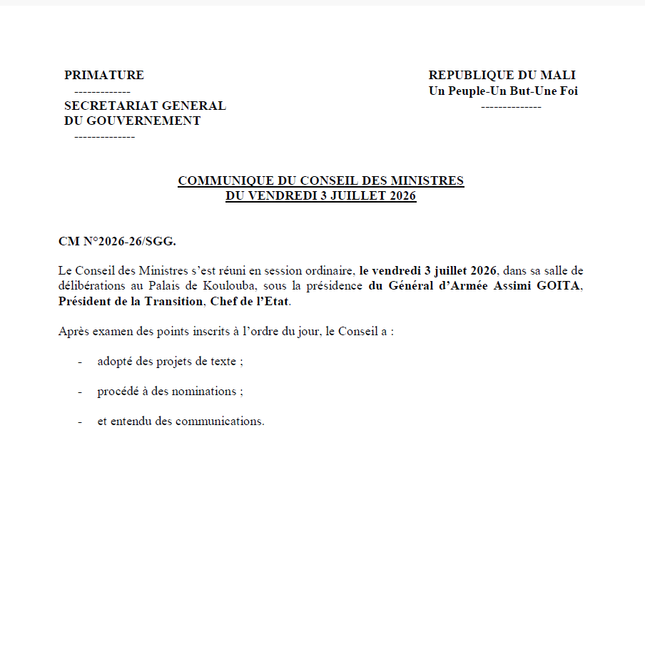 Communiqué  du Conseil des Ministres du mercredi 03 juillet  2026